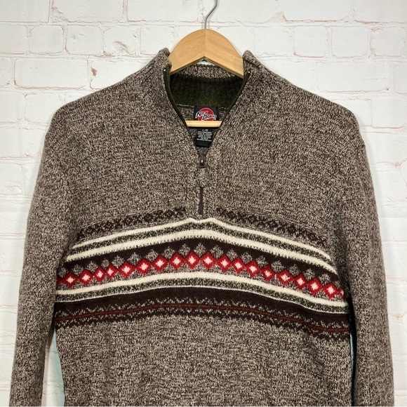 Nick Danger 1/4 Zip Sweater Mens Large Brown Aztec Lambswool Southwestern - Picture 2 of 8